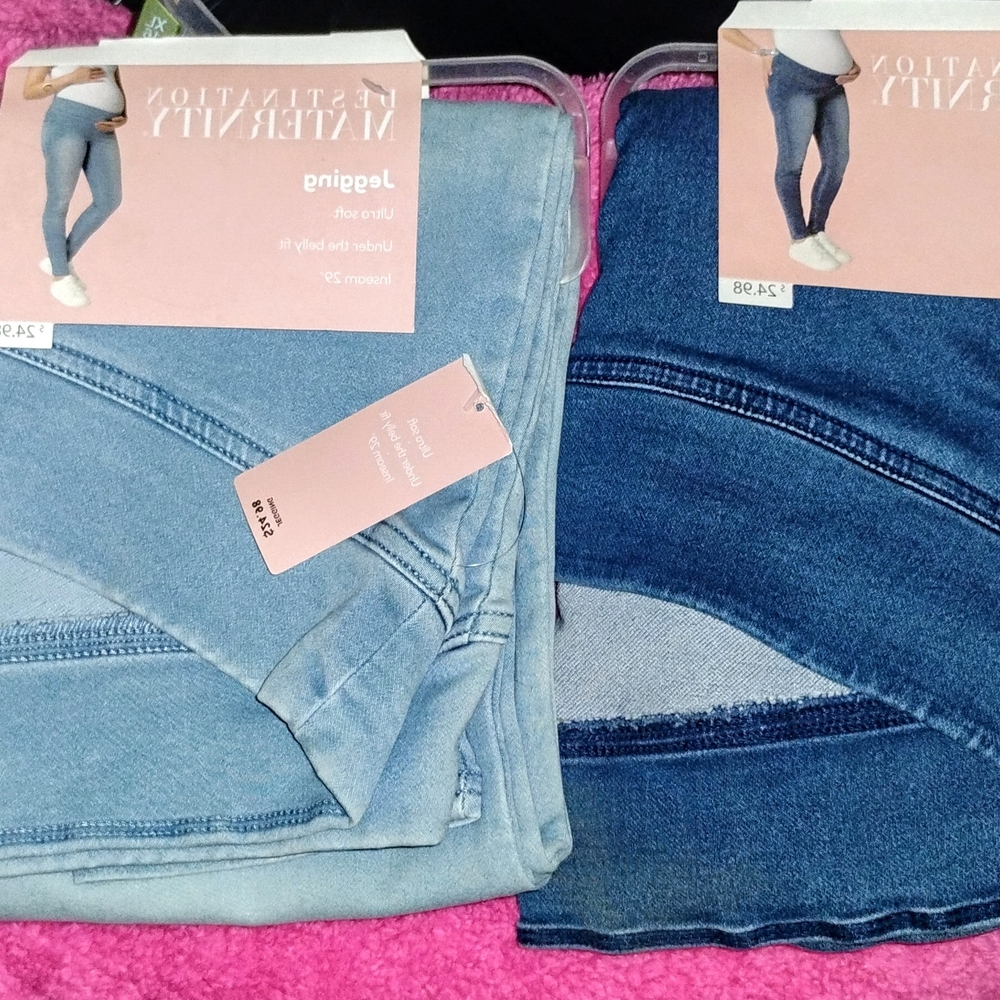 Destination Maternity Blue Jeggings with Stretch and Frayed Hem LOT